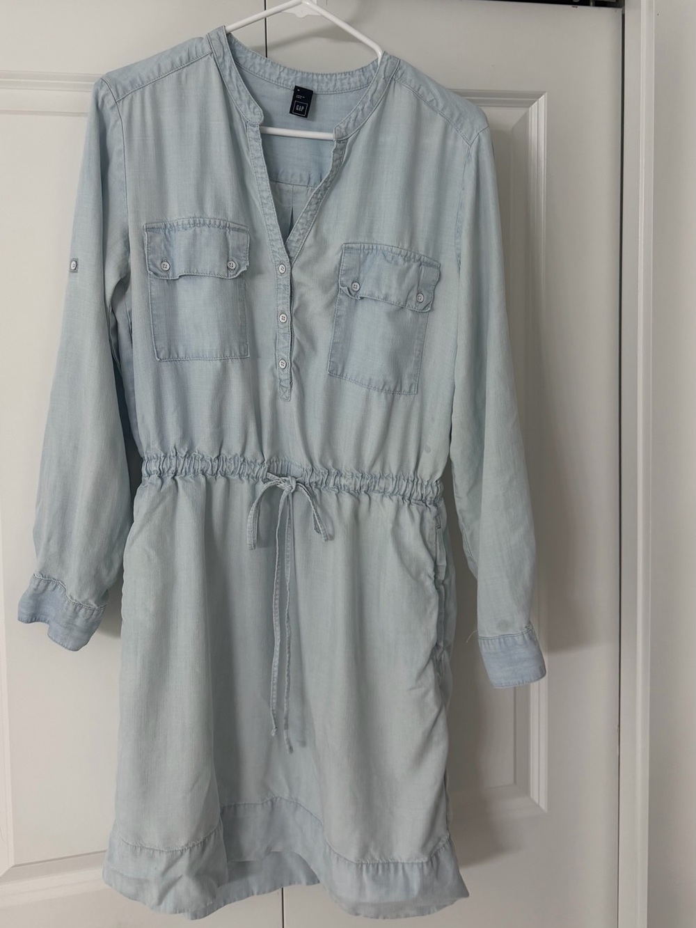 Light Blue Women's Denim Tunic Shirt Dress with Drawstring Waist